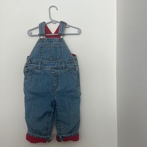 OLD NAVY OUTLET 12-18 months. denim overalls with red fleece inside